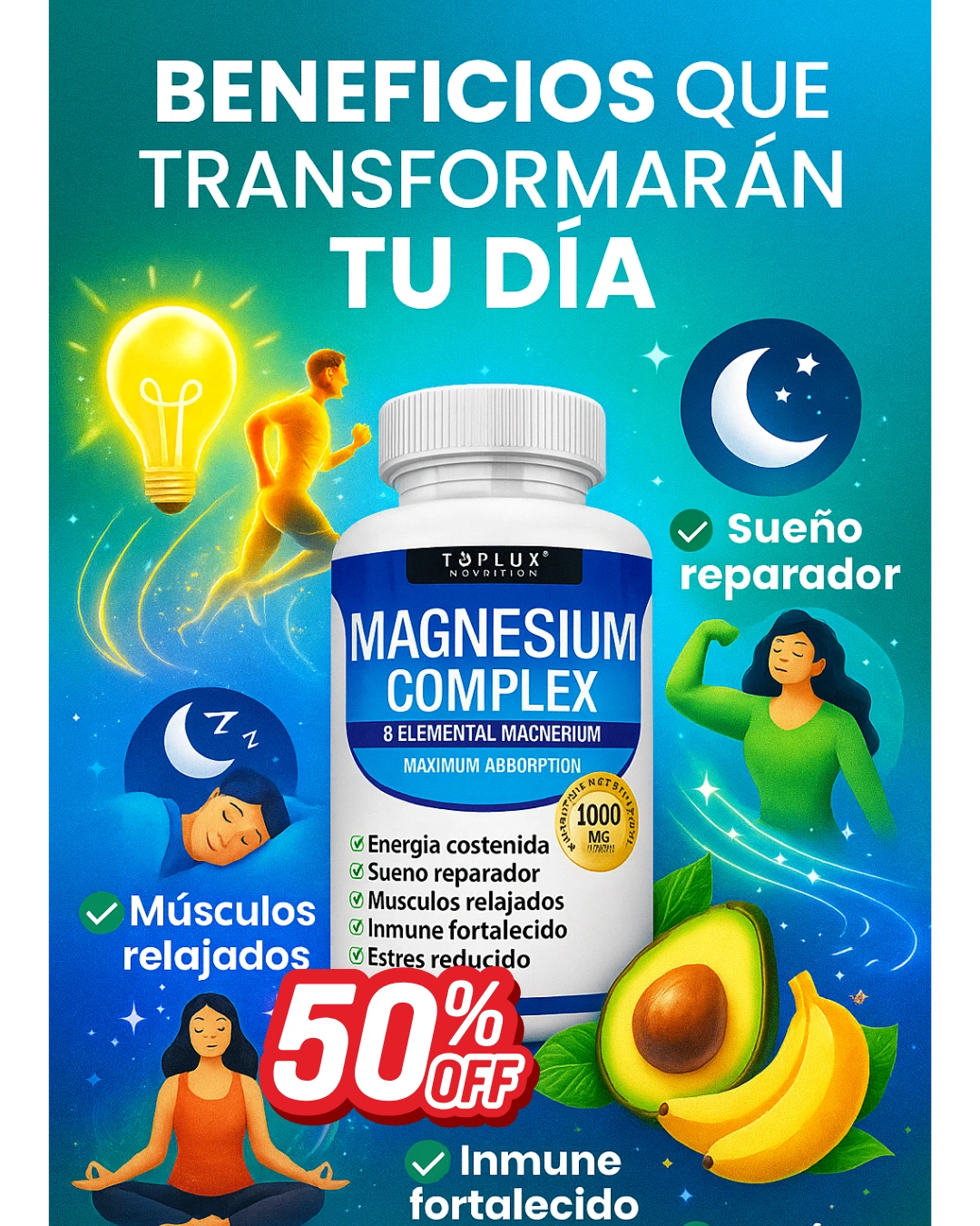 MAGNESIUM COMPLEX™- 8 EN 1 / 90 capsulas -Equilibrio y Vitalidad en cada cápsula Suplemento Premium 1000mg