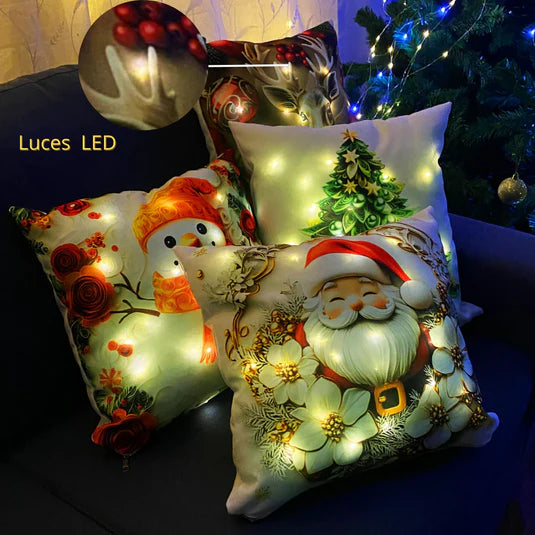 SET CUBRE COJIN NAVIDEÑOx4 UNIDADES CON LUCES LED INCLUIDAS- Transforma cualquier espacio en segundos