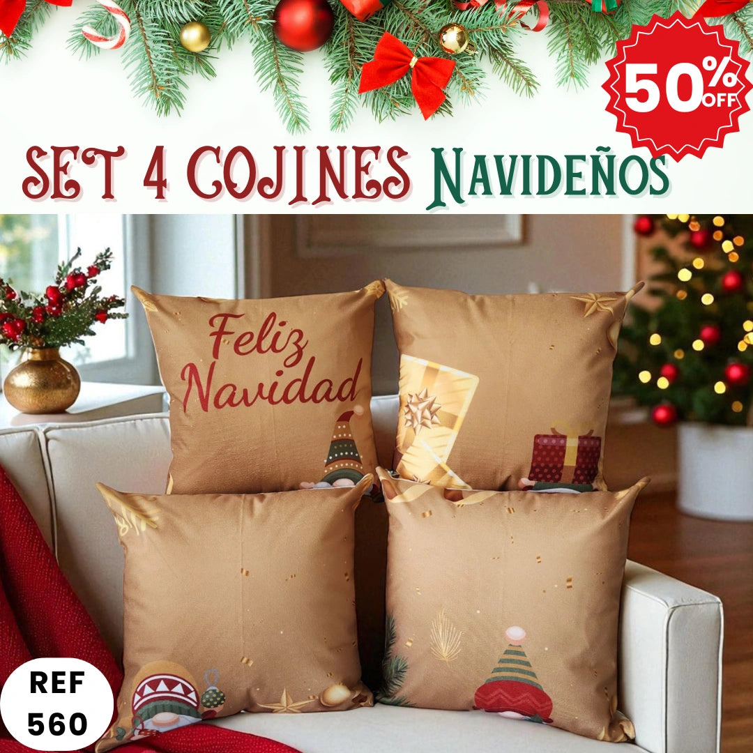Set 4 Cojines Navideños (45x45cm) Incluye Relleno-Comodidad, diseño y elegancia